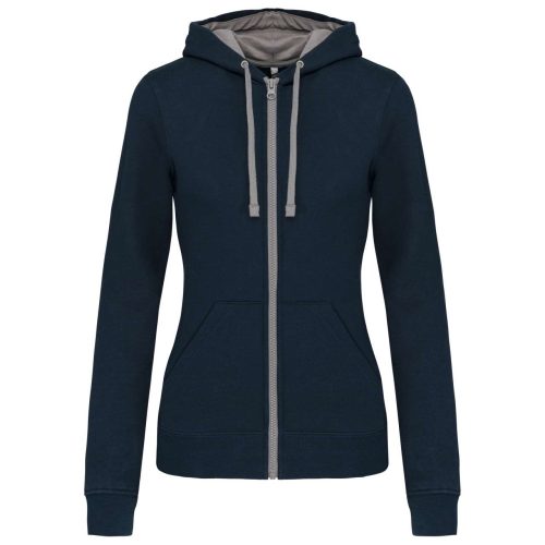 Női cipzáras pulóver kontrasztos bélésű kapucnival, Kariban KA467, Navy/Fine Grey-XL