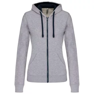   Női cipzáras pulóver kontrasztos bélésű kapucnival, Kariban KA467, Oxford Grey/Navy-S