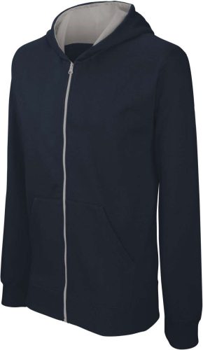 Gyermek cipzáras pulóver bélelt kontrasztos kapucnival, Kariban KA486, Navy/Fine Grey-8/10