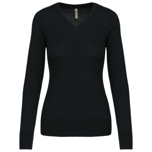 Női V-nyakú testhezálló pulóver, Kariban KA966, Black-3XL