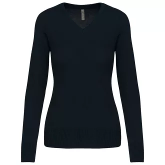 Női V-nyakú testhezálló pulóver, Kariban KA966, Navy-XL