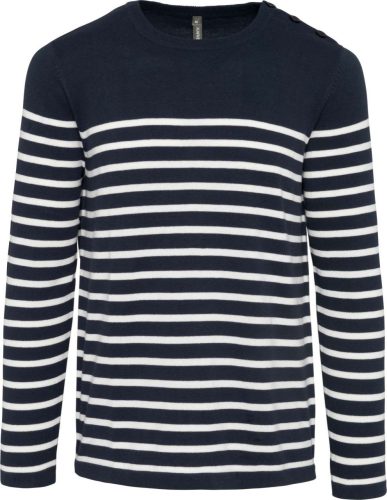 Férfi vállon gombolós csíkos pulóver, Kariban KA989, Striped Navy/Off White-S
