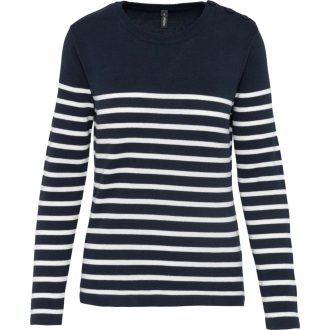   Női vállon gombolós csíkos pulóver, Kariban KA990, Striped Navy/Off White-XS