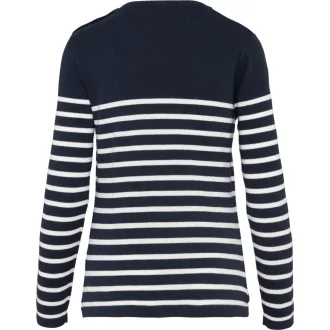   Női vállon gombolós csíkos pulóver, Kariban KA990, Striped Navy/Off White-XS