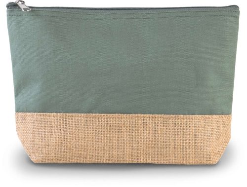 KI0276 nagy cipzáras piperetasak pamut és juta anyagból Kimood, Dusty Light Green/Natural-U
