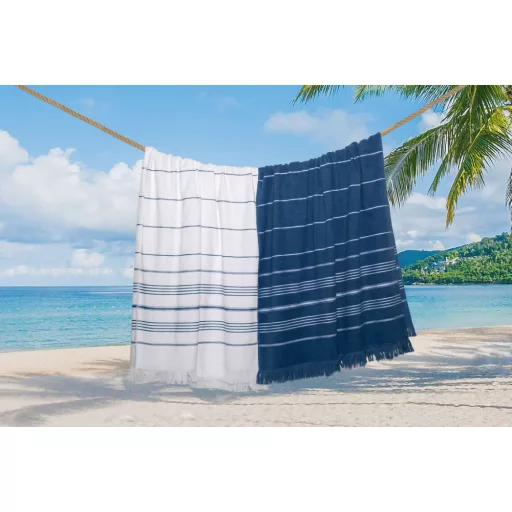 OL1000 csíkos, rojtos strandtörölköző Olima, Light Navy/White-90X170