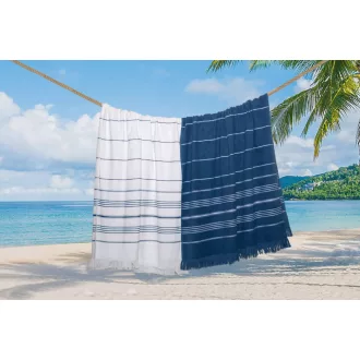   OL1000 csíkos, rojtos strandtörölköző Olima, White/Light Navy-90X170