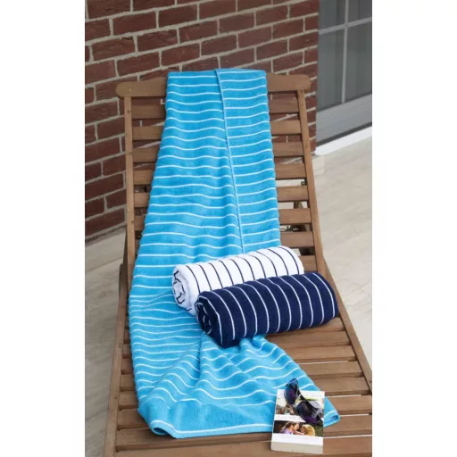 OL2000 csúcsminőségű strandtörölköző keskeny csíkokkal Olima, Caribbean Blue/White-90X180