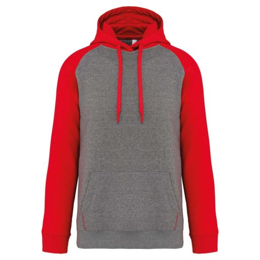 PA369 kétszínű raglán ujjú kapucnis pulóver Proact, Grey Heather/Sporty Red-L