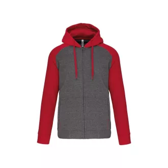   PA380 kétszínű cipzáras kapucnis kapucnis pulóver Proact, Grey Heather/Sporty Red-XS