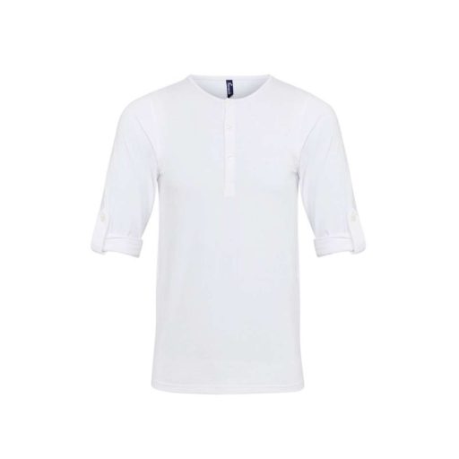 PR218 férfi gombos nyakú felgombolható hosszú ujjú sztreccspóló Premier, White-S