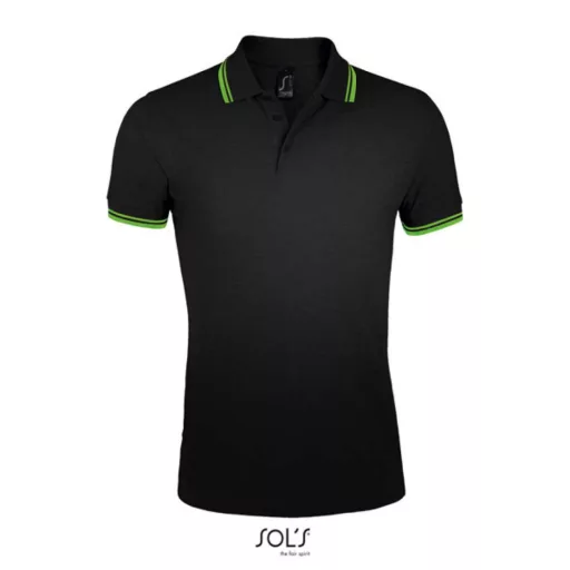 PASADENA férfi galléros póló kontrasztos csíkokkal, SOL'S SO00577, Black/Lime-XL